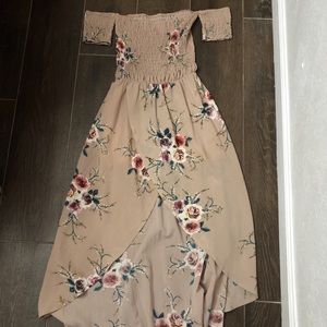 Floral print high low strapless dress